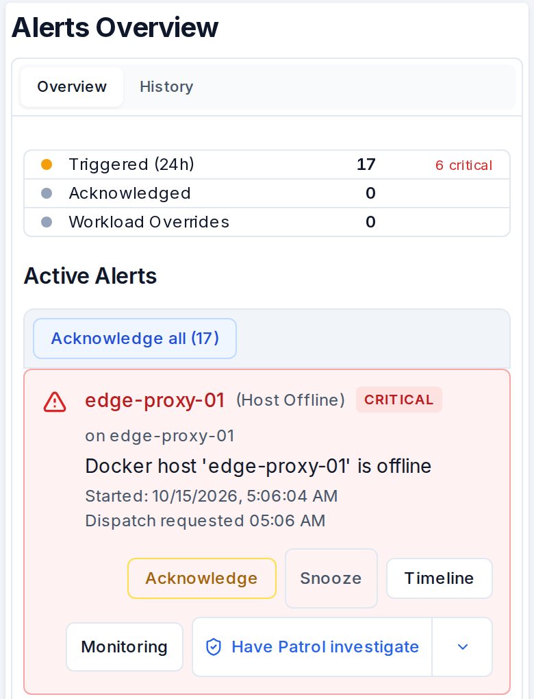 Pulse Alerts overview with fourteen alerts triggered in the last day and a critical Docker service alert offering acknowledge, snooze, timeline and a Patrol investigation