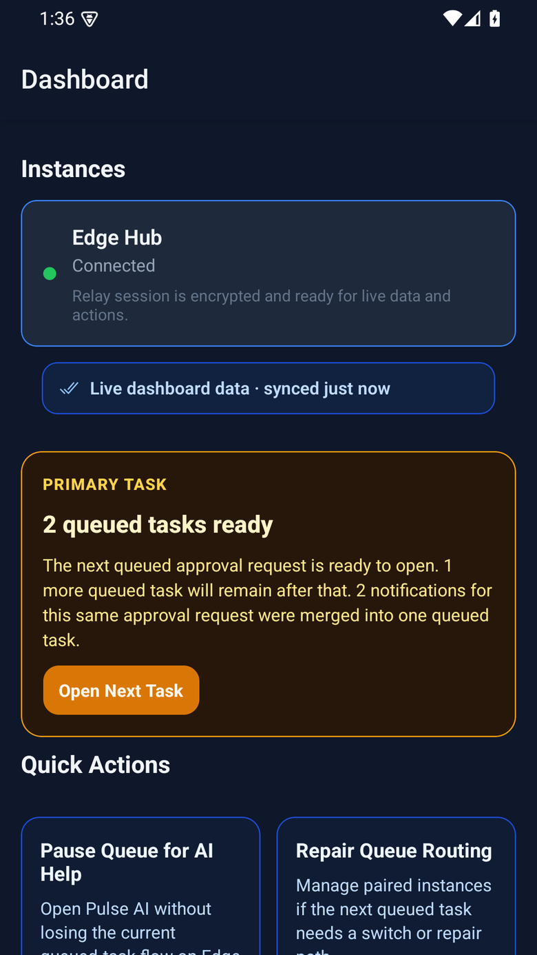 Pulse Mobile dashboard screen showing a connected instance over an encrypted Relay session and queued tasks ready to open