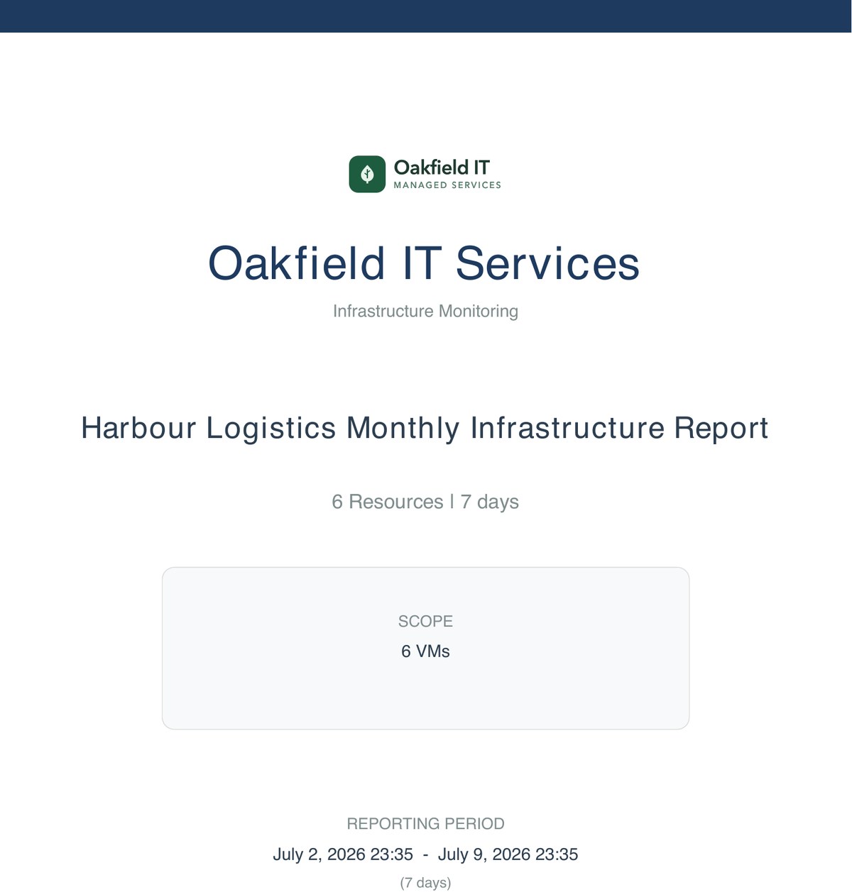Cover of a white-labelled Pulse client report titled Harbour Logistics Monthly Infrastructure Report, branded with a fictional provider logo and name