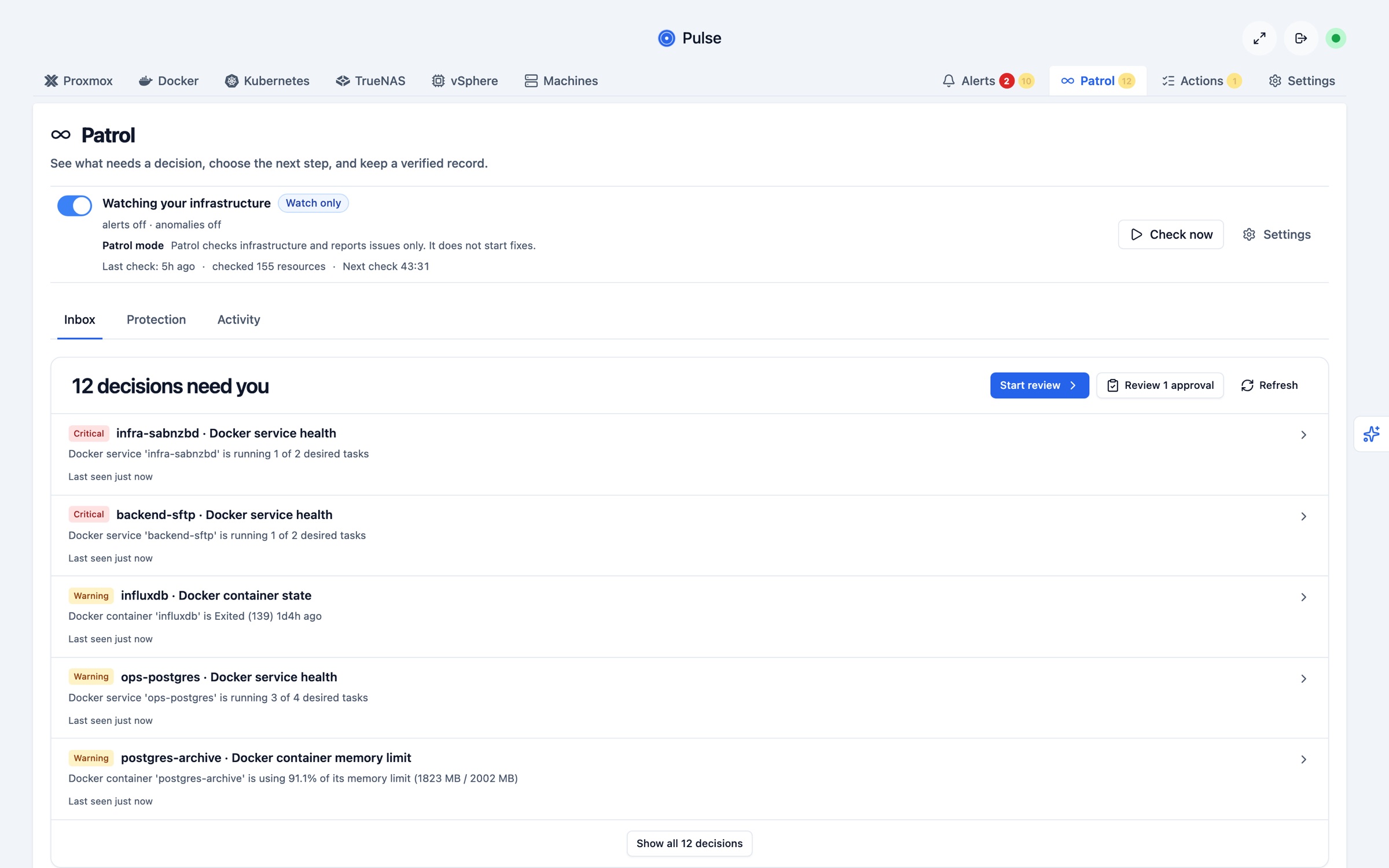 Pulse Patrol inbox showing twelve findings as decisions with critical and warning severities, in watch-only mode with fixes disabled